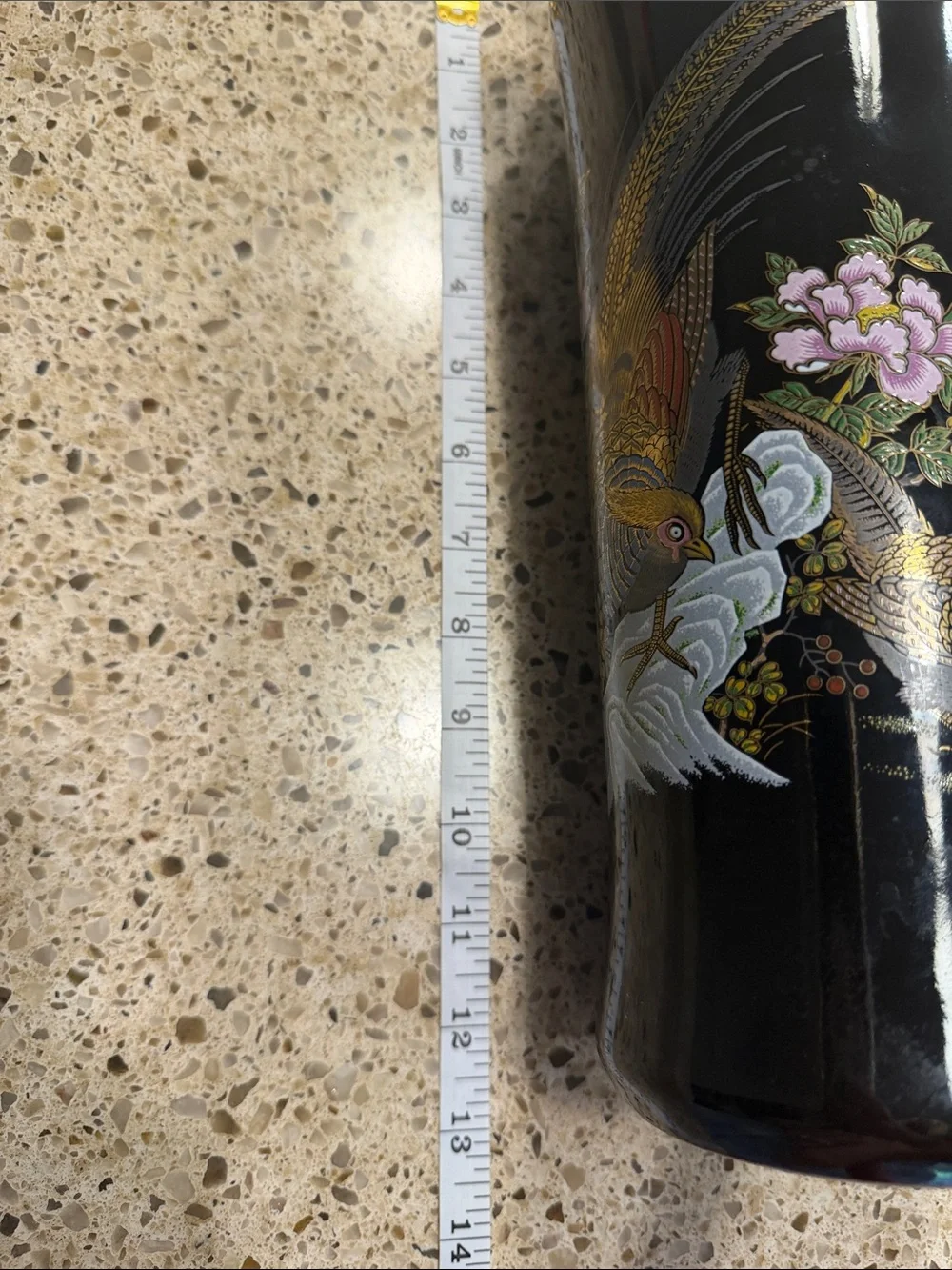 Black Lacquered Vase Set with Gold & Pastel Bird Motif Peacock